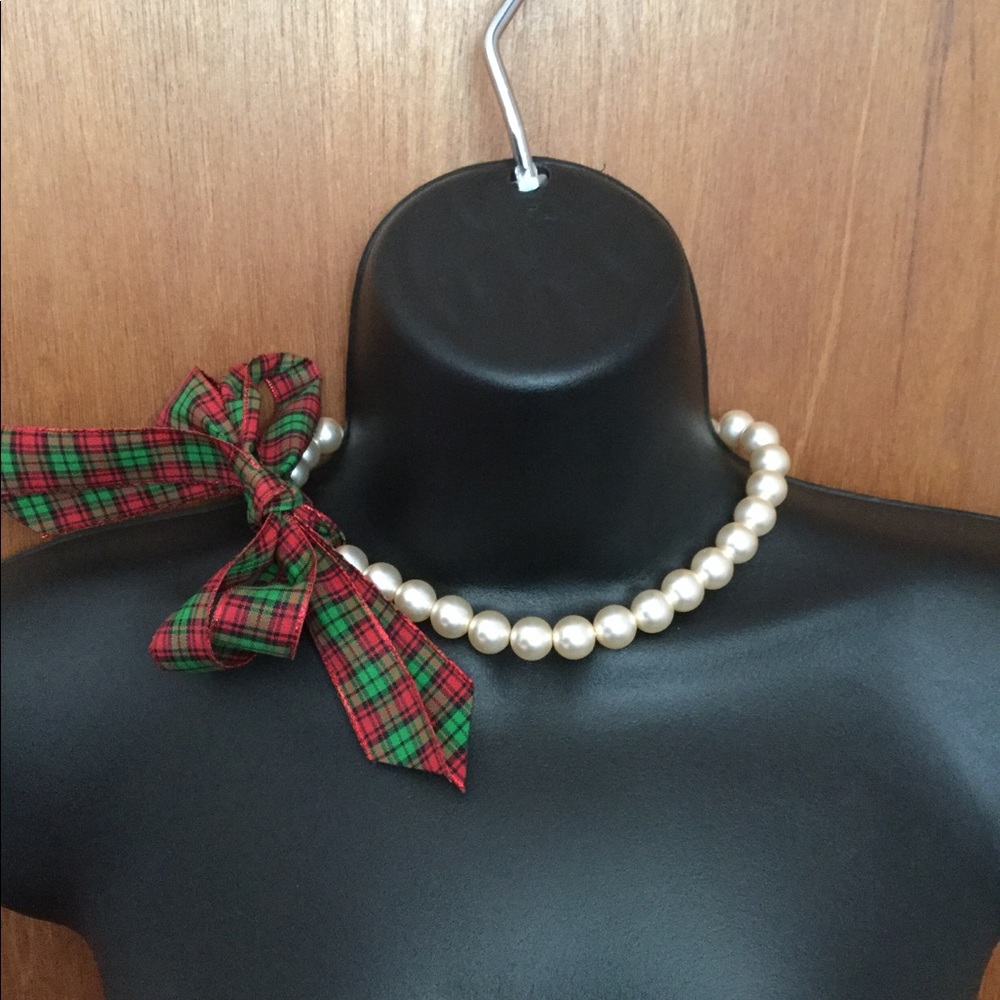 Faux Pearl Plaid Ribbon Double Tie Necklace